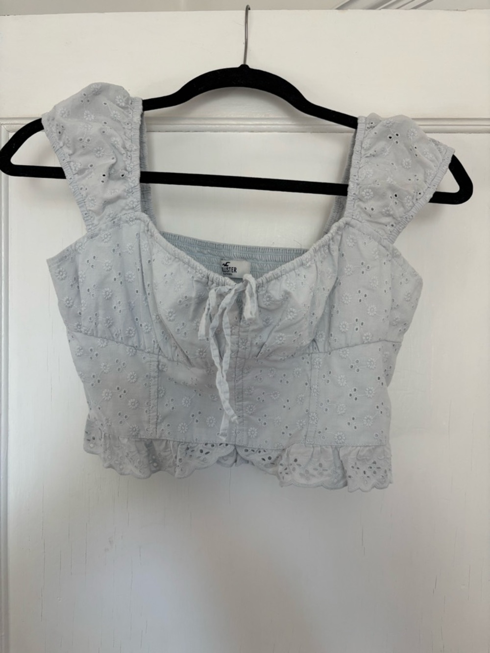 Hollister Baby Blue Eyelet Tie-Front Ruffled Crop Top